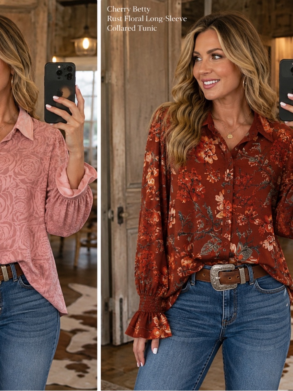 Pink Rose-Embroidered Long-Sleeve Collared Tunic